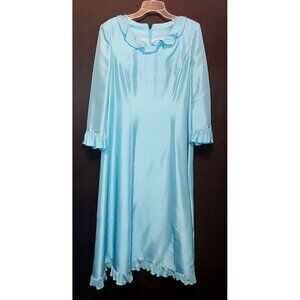 MCM Dress Long Sleeves Ruffle Neck Cuffs Hem Blue 60s 70s Zip Back No Tags